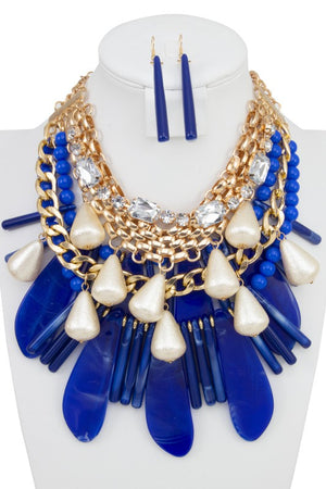 Multi Stone Fringe Pearl Chain Bib Necklace Set