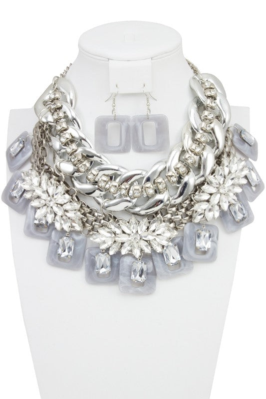 Crystal Gem Acetate Ornate Statement Necklace Set