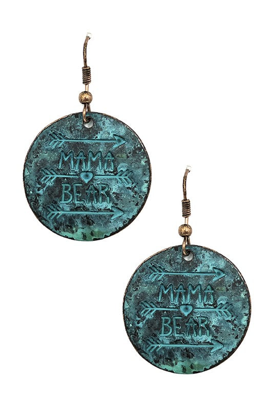 Etched Mama Bear Disk Dangle Earring