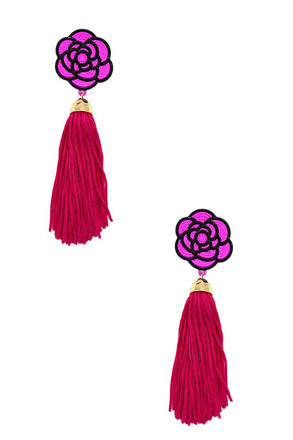 Floral Bead Accent Dangle Tassel Earring
