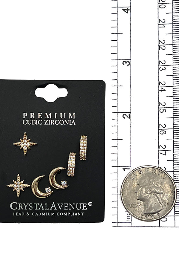 Moon Star Cubic Zirconia Mix Earring Set