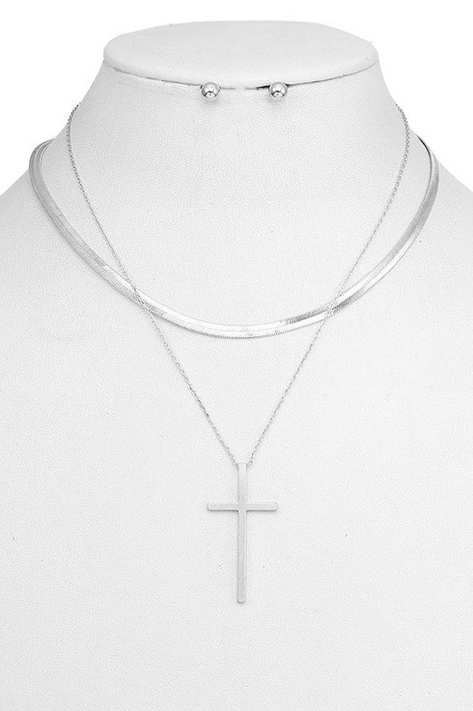 FLAT CHAIN CROSS PENDANT NECKLACE SET