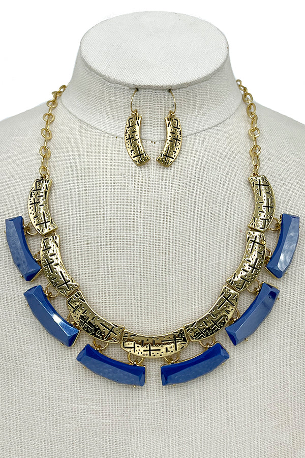 Faceted Stone Link Etched Metal Necklace Set