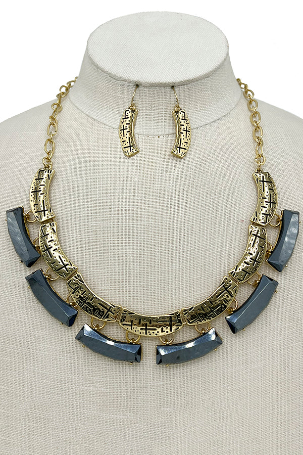 Faceted Stone Link Etched Metal Necklace Set