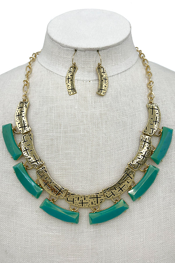 Faceted Stone Link Etched Metal Necklace Set