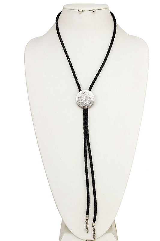 BRIADED FUAX LEATHER CORD ROUND PENDANT NECKLACE SET