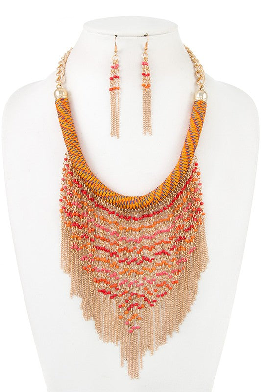 CURVED LINK BEAD CHAIN BIB NECKLACE SET