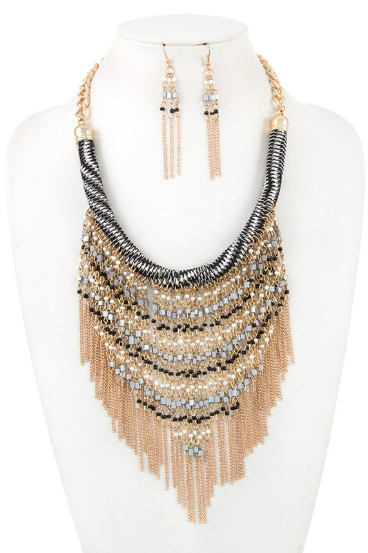 CURVED LINK BEAD CHAIN BIB NECKLACE SET