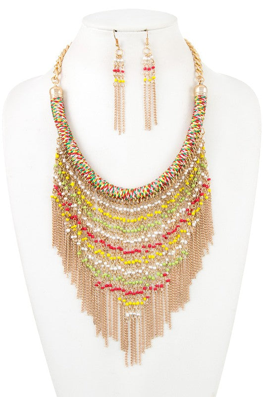 CURVED LINK BEAD CHAIN BIB NECKLACE SET