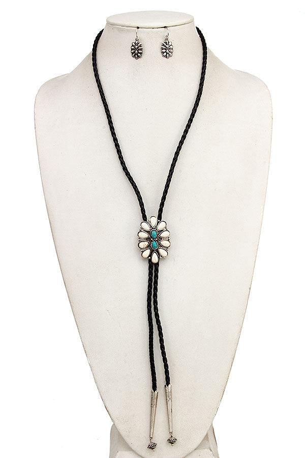 OVAL GEMSTONE FAUX LEATHER CORD NECKLACE SET