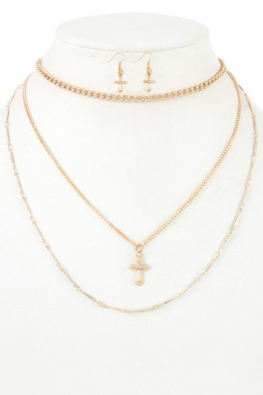 MULTI LAYERED CHAIN CROSS PENDANT NECKLACE SET