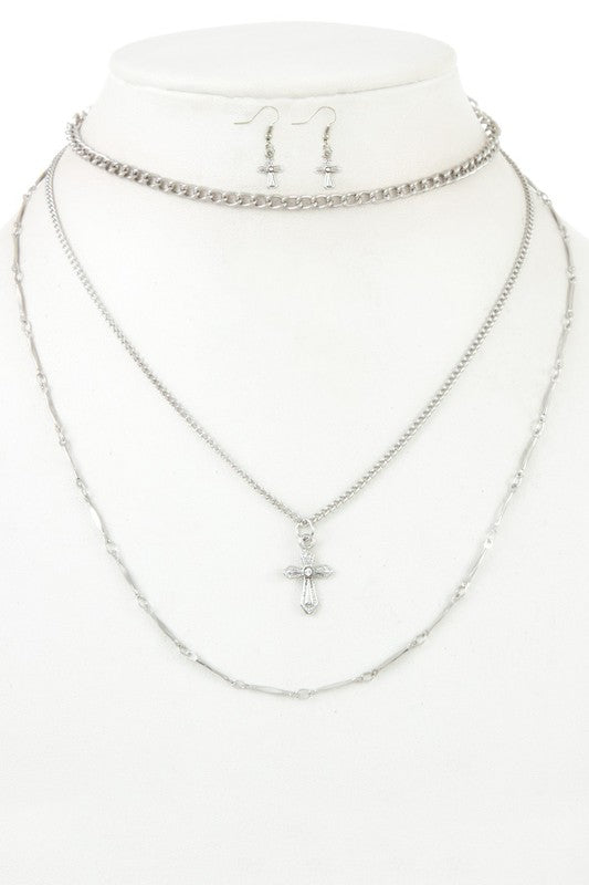 MULTI LAYERED CHAIN CROSS PENDANT NECKLACE SET