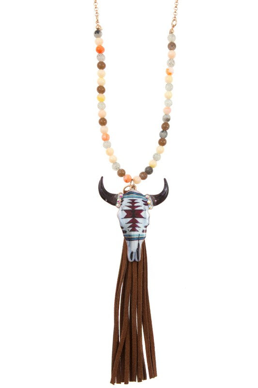 TRIANGLE PATTERN BULL FAUX SUEDE TASSEL PENDANT NECKLACE SET