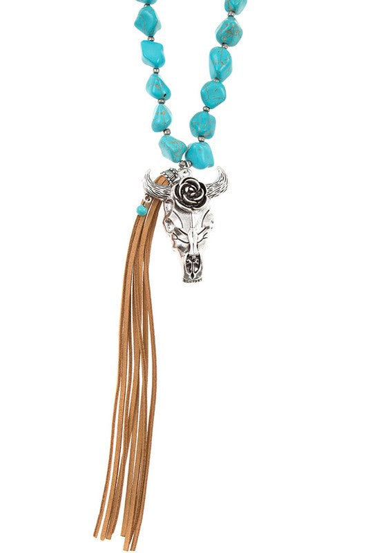 ETCHED BULL FAUX SUEDE TASSEL GEMSTONE LONG NECKLACE SET