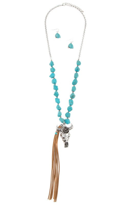 ETCHED BULL FAUX SUEDE TASSEL GEMSTONE LONG NECKLACE SET