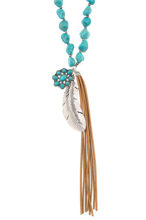 ETCHED LEAF FAUX SUEDE TASSEL GEMSTONE NECKLACE SET