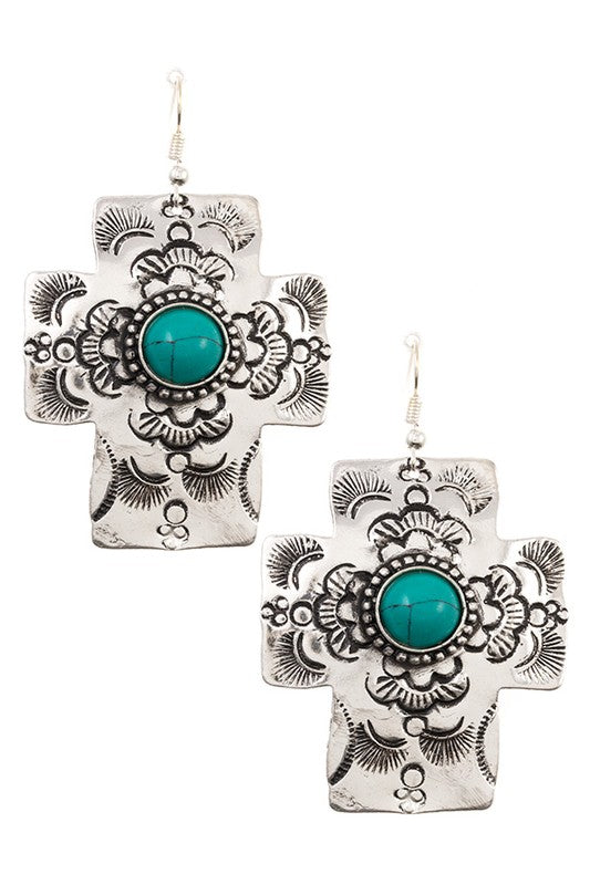 LARGE ETCHED CROSS DANGLE EARRING