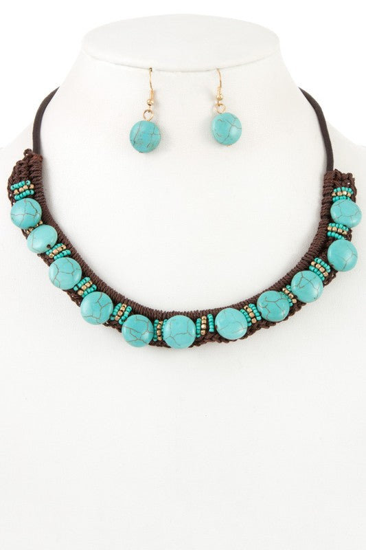 Gem Stone Bead Accent Cord Bib Necklace Set