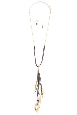 MULTI DROP LEAF LONG CHAIN CORD NECKLACE SET