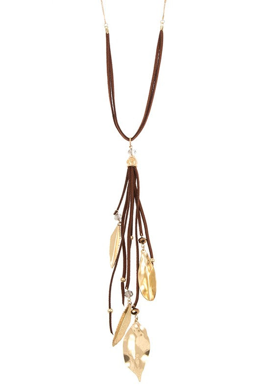 MULTI DROP LEAF LONG CHAIN CORD NECKLACE SET