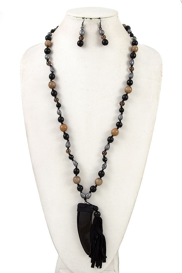 Beaded Horn Tassel Pendant Necklace Set