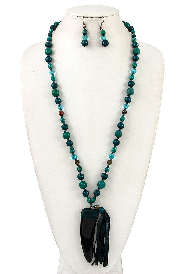 Beaded Horn Tassel Pendant Necklace Set