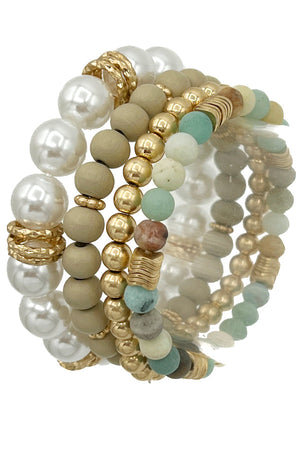 Pearl Wood Semi Precious Bead Bracelet Set