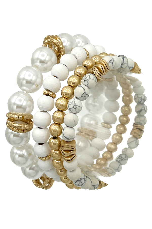 Pearl Wood Semi Precious Bead Bracelet Set