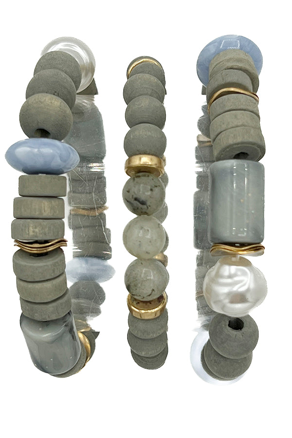 Multi Wood Semi Precious Bead Bracelet Set