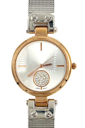 Mesh Metal Round Gem Accent Watch