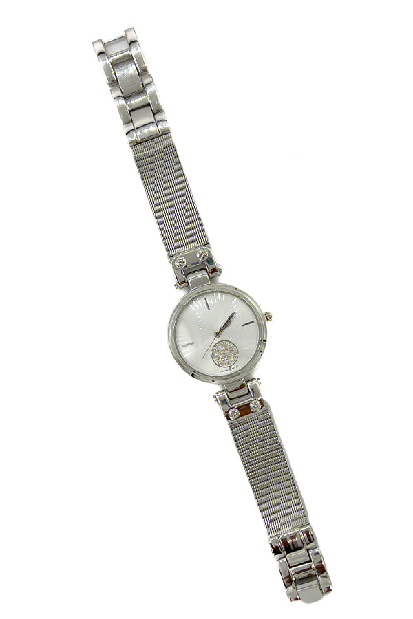 Mesh Metal Round Gem Accent Watch