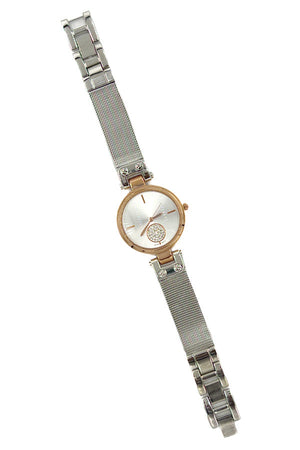 Mesh Metal Round Gem Accent Watch