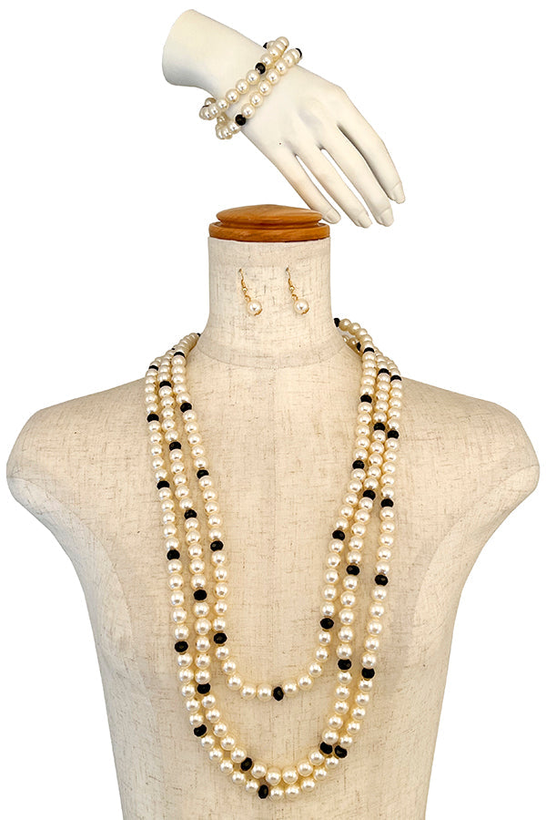 Pearl Crystal Bead Layered Long Necklace Set