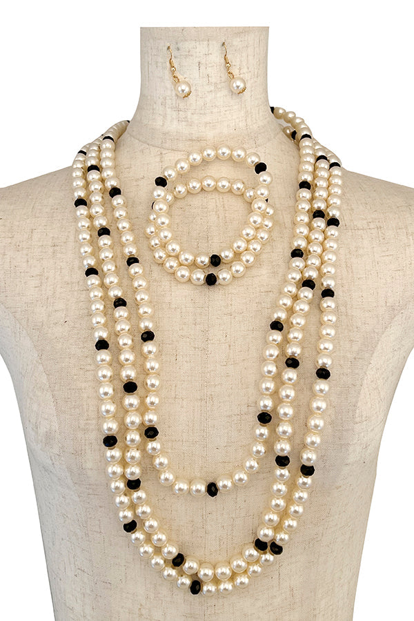 Pearl Crystal Bead Layered Long Necklace Set