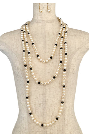 Pearl Crystal Bead Layered Long Necklace Set