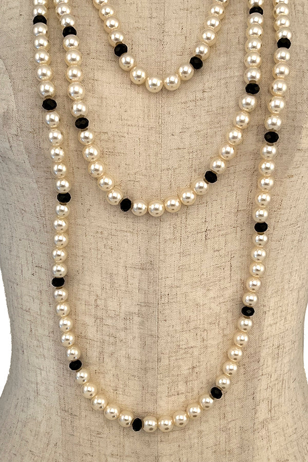 Pearl Crystal Bead Layered Long Necklace Set