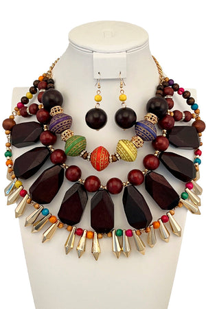 Layered Wood Bead Metal Accent Necklace Set