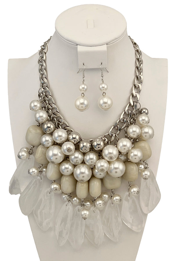 Cluster Pearl Milky Stone Bib Necklace Set