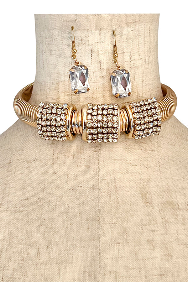 Rhinestone Square Accent Choker Necklace Set