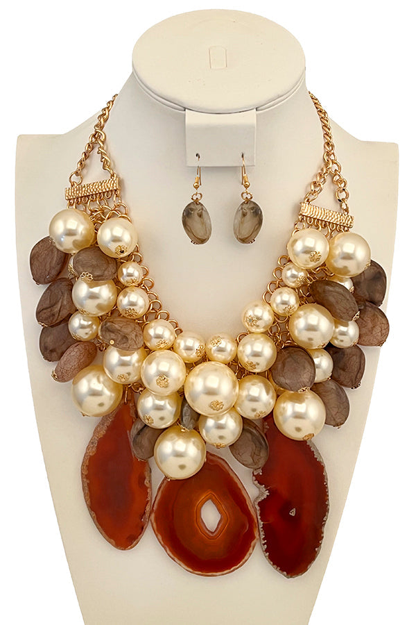 Agate Gemstone Pearl Cluster Neckalce Set