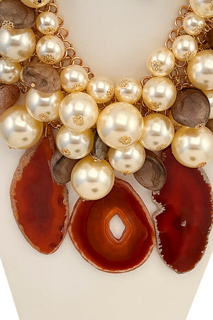 Agate Gemstone Pearl Cluster Neckalce Set