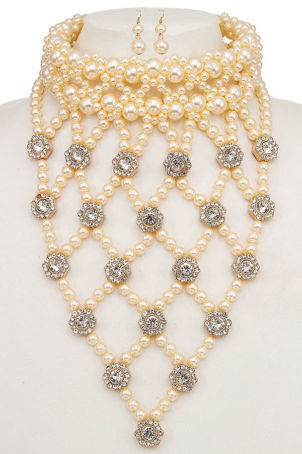 Pearl Gem Accent Net Choker Necklace Set