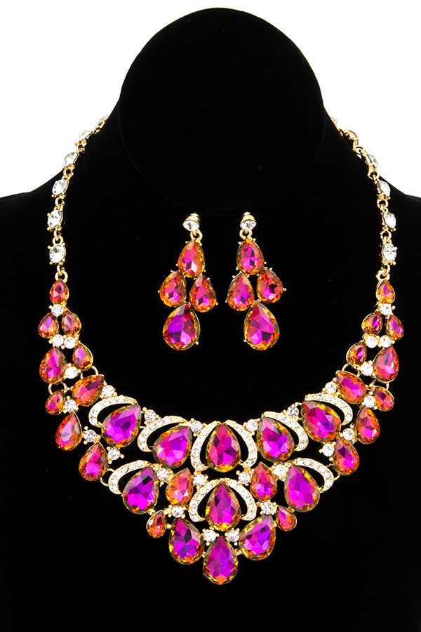 FACETED CRYSTAL TEARDROP GEM ORNATE BIB NECKLACE