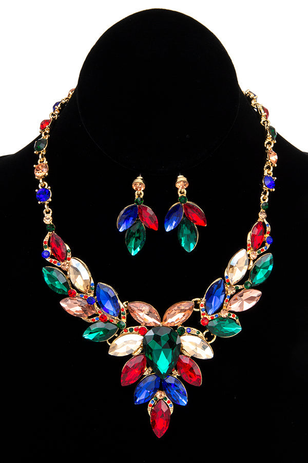 FACETED CRYSTAL GEM MARQUISE BIB NECKLACE SET