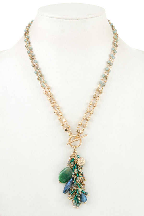 Double Row Crystal Bead Detailed Pendant Necklace