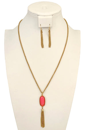 Framed Pearl Oval Chain Tassel Pendant Long Necklace Set