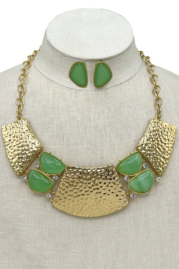 Hammered Metal Stone Link Necklace Set