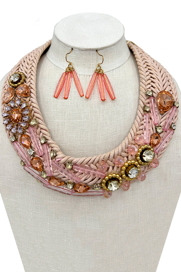 Braided Gemstone Accent Bib Neklace Set