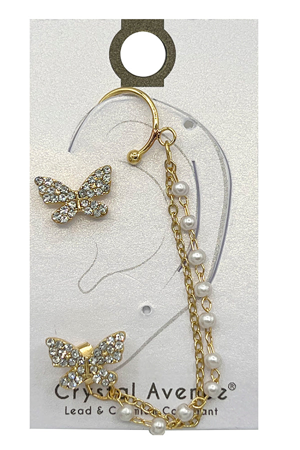 Butterfly Pearl Chain Drop Ear Cuff