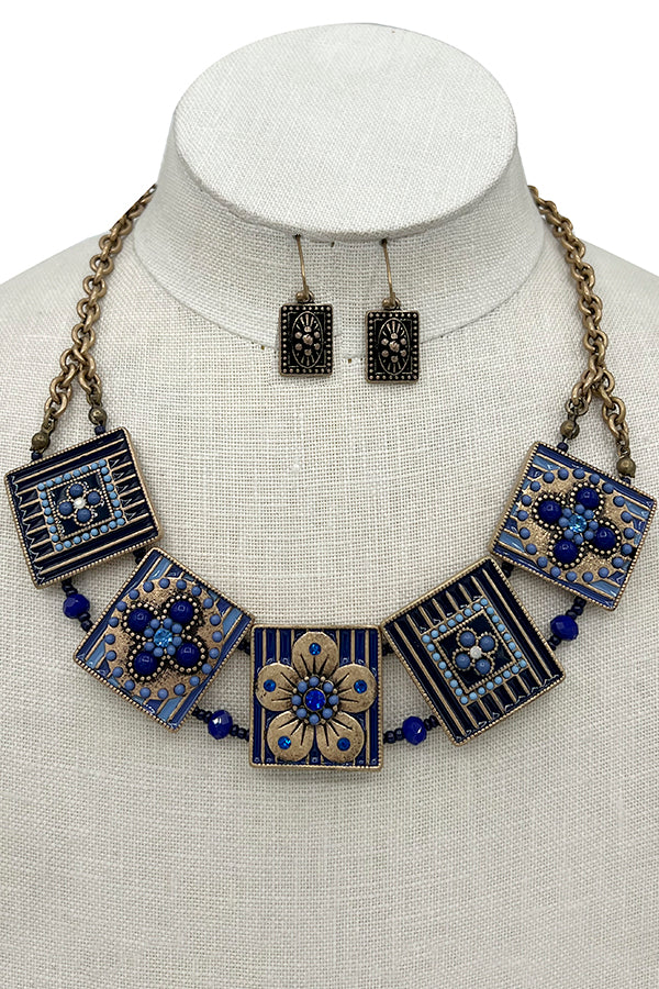 Square Floral Link Accent Necklace Set